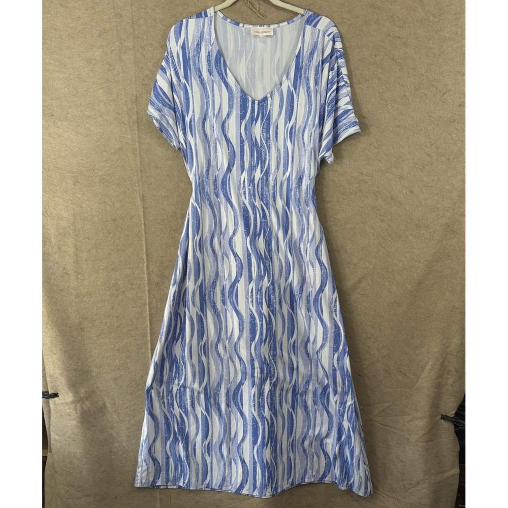 Stan Herman Caftan Dress Womens Sz L Blue Waves Pockets Tie Waist Brushed Jersey